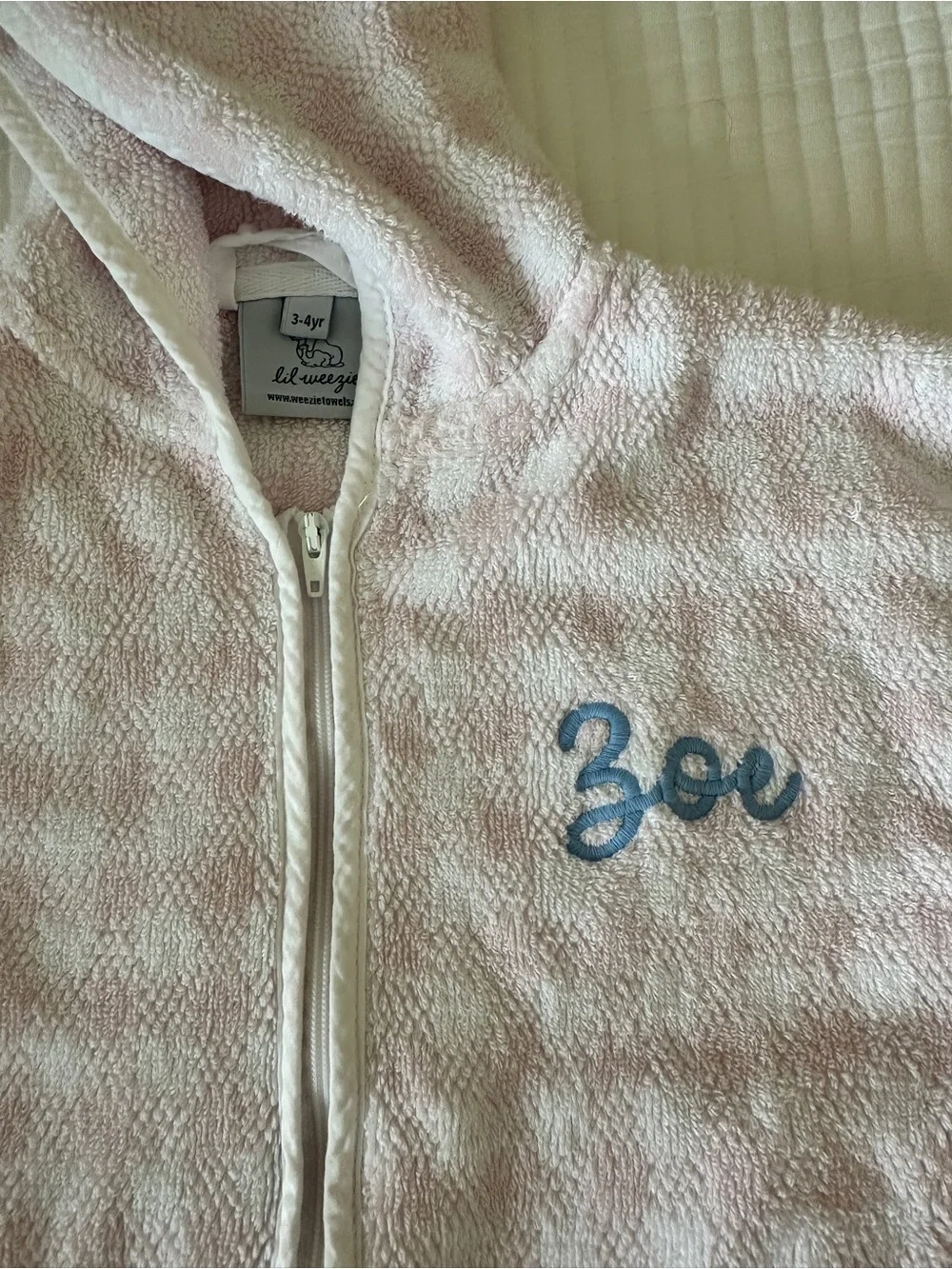 “Zoe” embroidered  Pink Terry Zip robe / Cover-Up